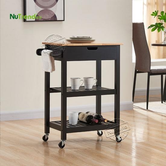 Modern Small Wood Kitchen Cart With Wheels, Wooden Microwave Cart On Wheels